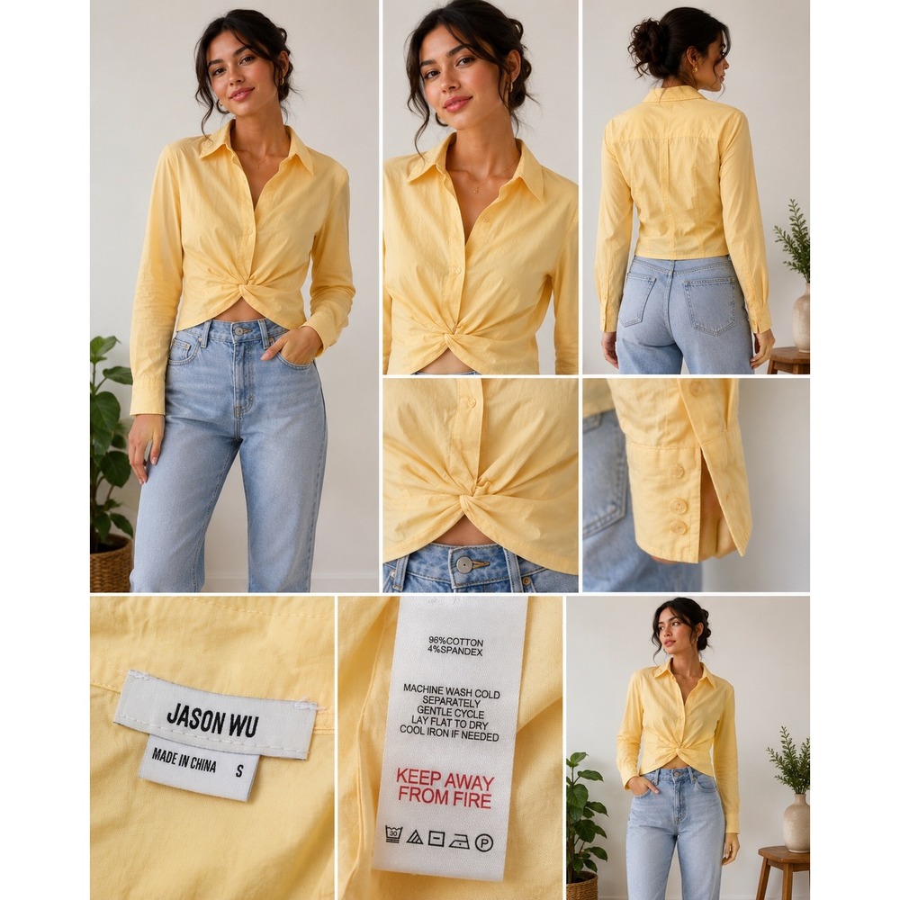 Jason Wu Yellow Twist Front Cropped Button Down Shirt WX5062-700-6PA Small